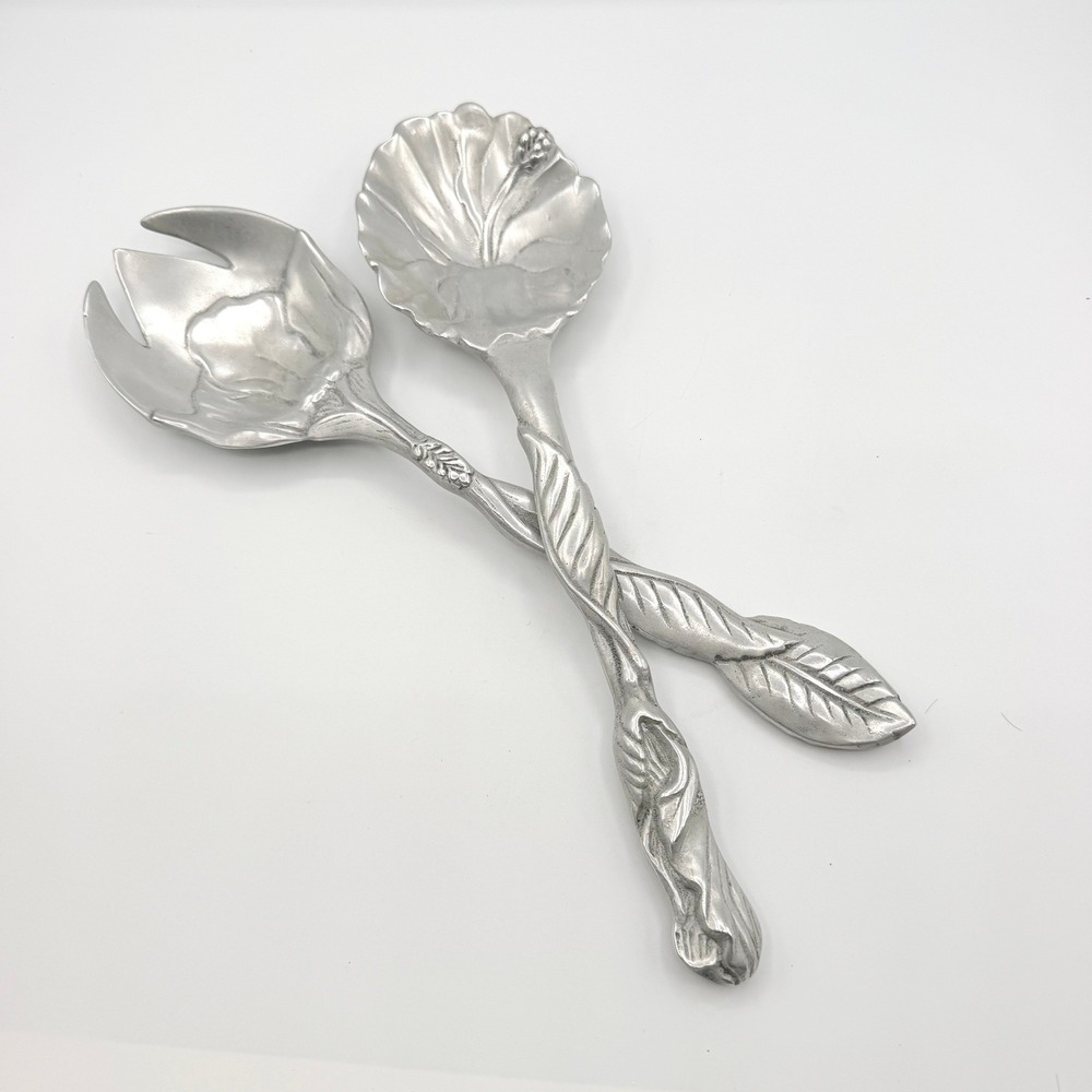 Arthur Court Salad Servers Silver Aluminum Hibiscus Leaf Botanical 2006 VGUC